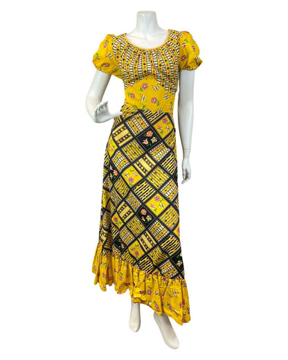 VTG 60s 70s YELLOW BLACK PINK PATCHWORK FLORAL BUTTERFLY MOD FOLK MAXI DRESS 14