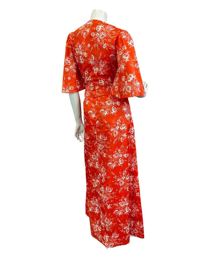 VINTAGE 60s 70s ORANGE WHITE FLORAL DOTTY BELL SLEEVE BOHO SUMMER MAXI DRESS 6