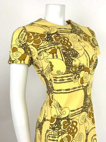 VTG 60s 70s PASTEL YELLOW BLACK BROWN ABSTRACT FLORAL SWIRL A-LINE DRESS 10 12