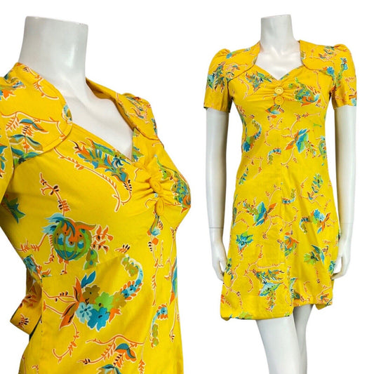 VINTAGE 60s YELLOW BLUE ORANGE FLORAL VINE MOD SUMMER MINI DRESS 8