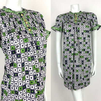 VTG 60s 70s BLUE WHITE GREEN GOLD GEOMETRIC MOD SMOCK TENT TRAPEZE DRESS 10 12