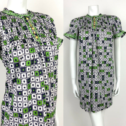 VTG 60s 70s BLUE WHITE GREEN GOLD GEOMETRIC MOD SMOCK TENT TRAPEZE DRESS 10 12