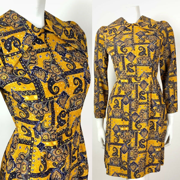 VTG 60s 70s YELLOW BLUE GOLD FLORAL PAISLEY PSYCHEDELIC DAGGER COLLAR DRESS 6 8