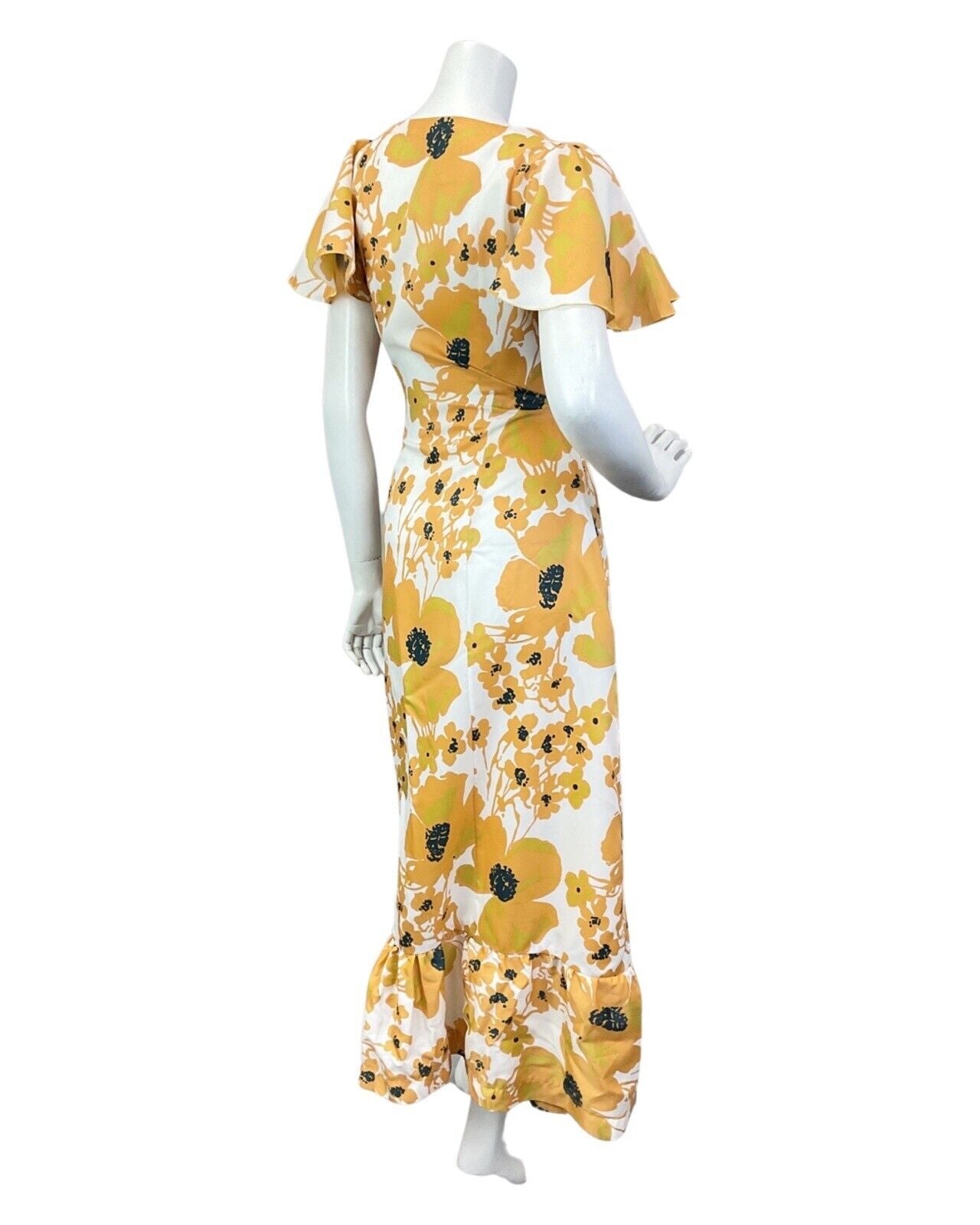 VINTAGE 60s 70s YELLOW GOLD WHITE FLORAL CAPE SLEEVE SUMMER MAXI DRESS 10