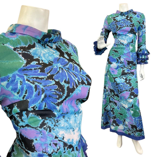 VINTAGE 60s 70s BLUE PURPLE GREEN PSYCHEDELIC FLORAL RUFFLED MAXI DRESS 10