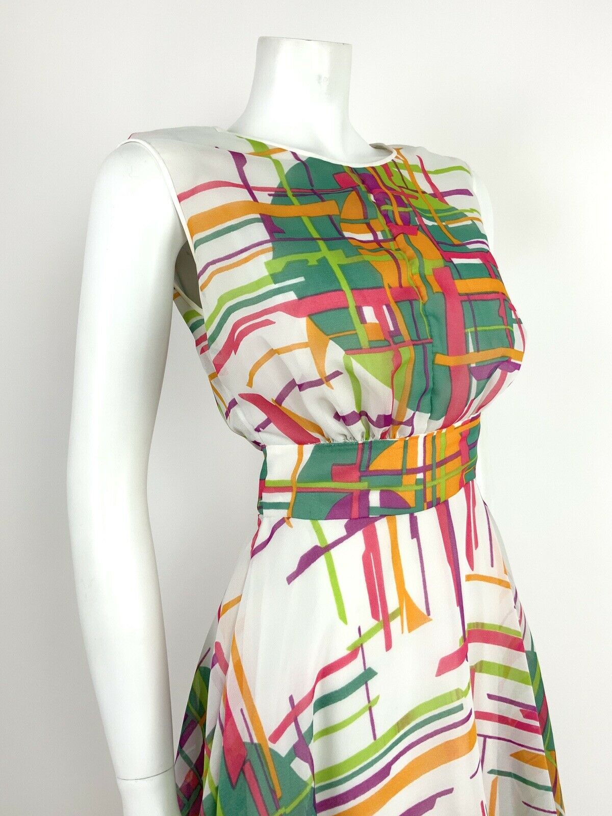 VINTAGE 60s 70s WHITE GREEN PINK ORANGE GEOMETRIC ABSTRACT BLOUSON DRESS 10