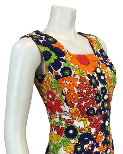 VTG 60s 70s ORANGE NAVY BLUE RED YELLOW PSYCHEDELIC FLOWER PRINT DRESS 10 12