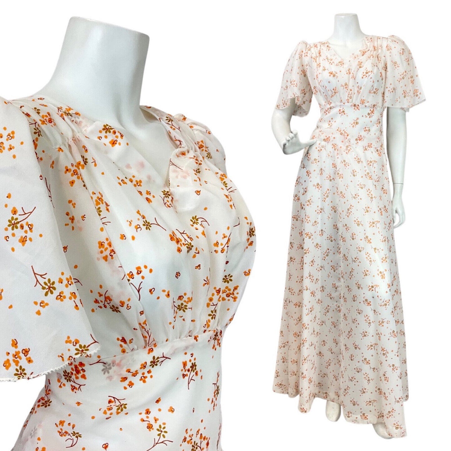 VINTAGE 60s 70s WHITE ORANGE BROWN FLORAL DITSY PRAIRIE BOHO MAXI DRESS 12 14