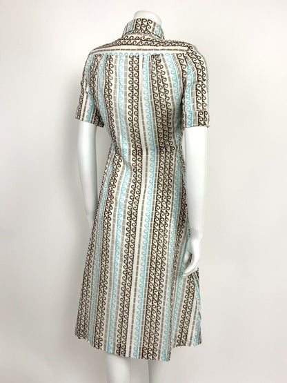 VTG 60s 70s BLUE BROWN WHITE GOLD WAVE OP ART DAGGER COLLAR SHIRT DRESS 8 10