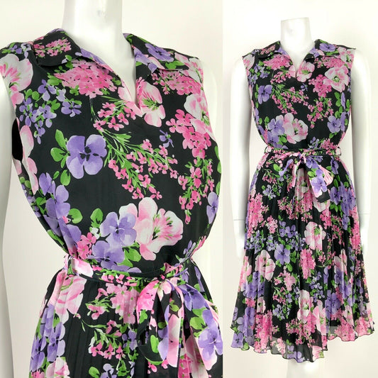 VINTAGE 60s 70s BLACK PINK PURPLE GREEN FLORAL PLEATED BELTED DRESS 12