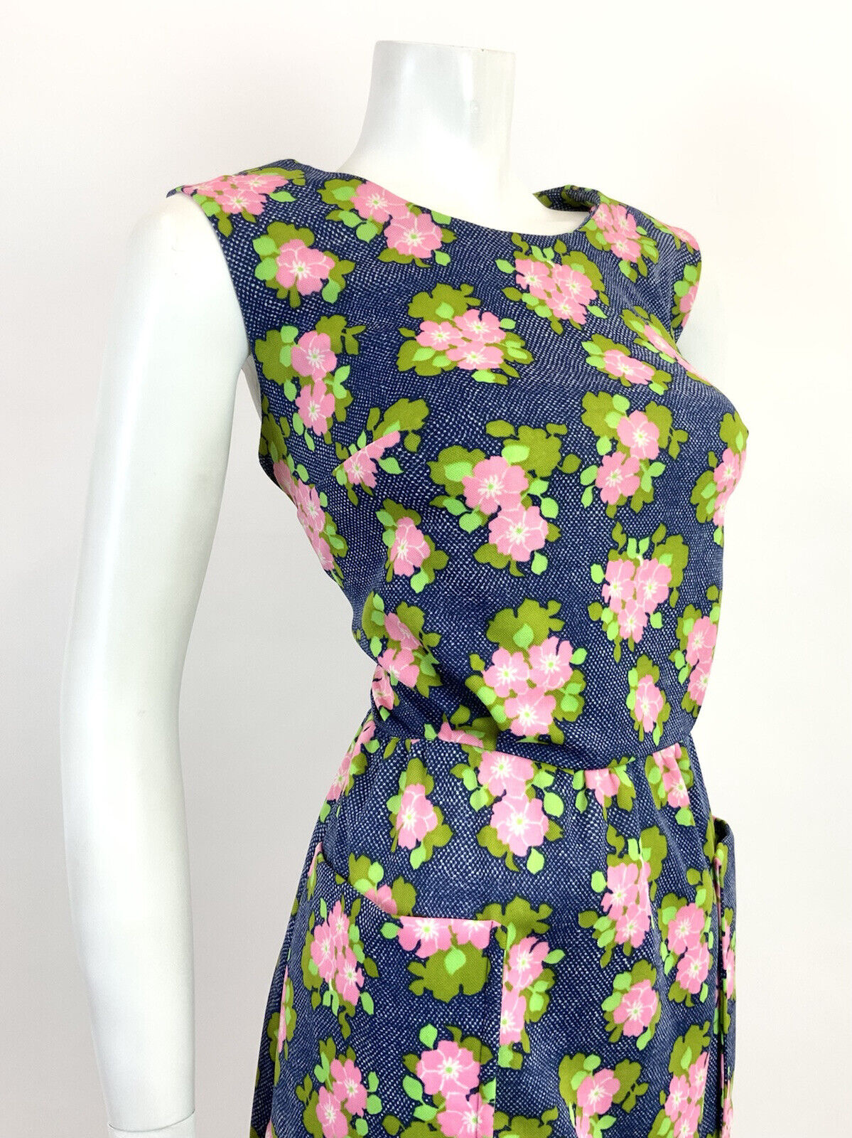 VINTAGE 60s 70s BLUE WHITE PINK CHECKERBOARD FLORAL SLEEVELESS RUFFLED DRESS 16