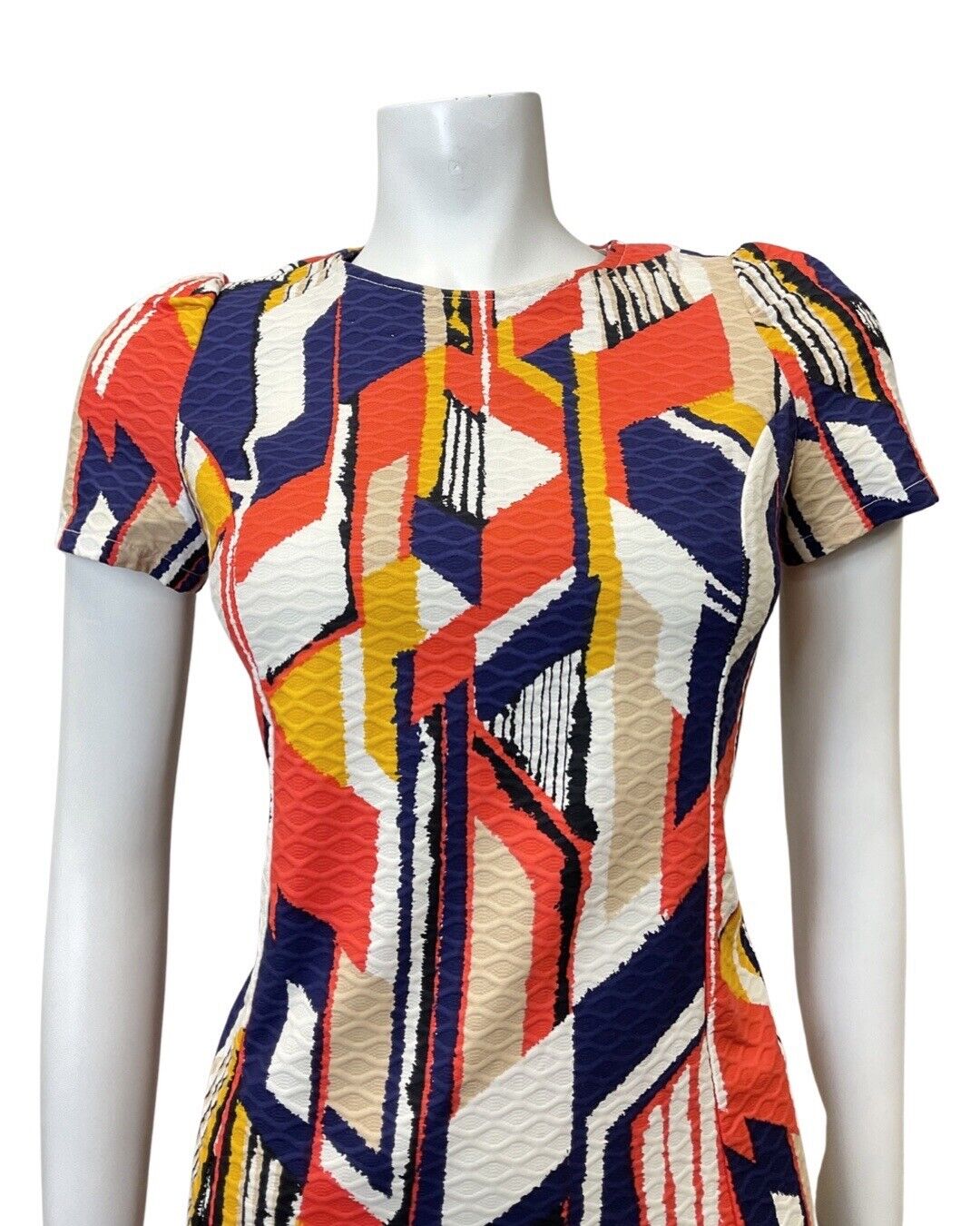 VINTAGE 60s 70s BLUE RED WHITE GEOMETRIC MOD MINI FLARED DRESS 8 10