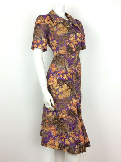 60S 70S VINTAGE BROWN PURPLE ORANGE FLORAL ABSTRACT SHIRT DRESS 14 16