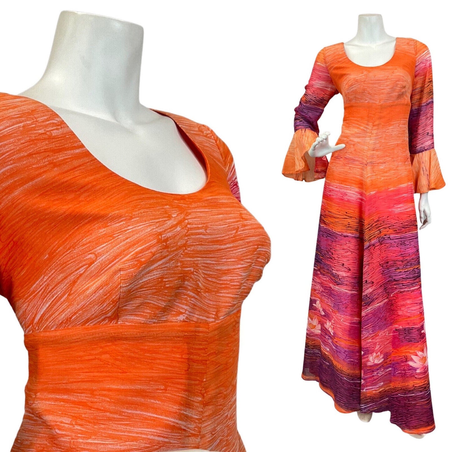 VINTAGE 60s 70s ORANGE PURPLE PINK STRIPED WATERLILY MAXI DRESS 12 14