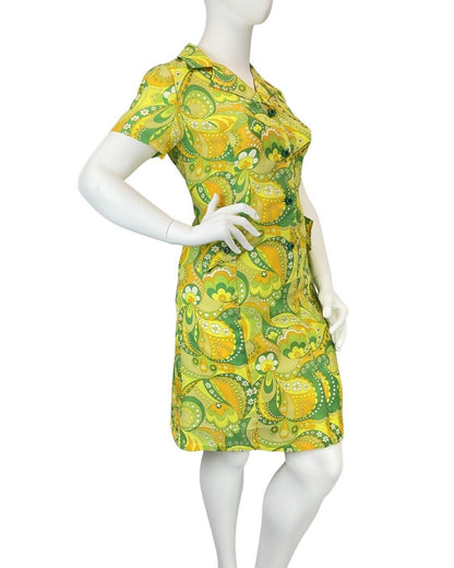 VINTAGE 60s 70s GREEN YELLOW ORANGE PSYCHEDELIC FLORAL SWIRL MOD SHIRT DRESS 16