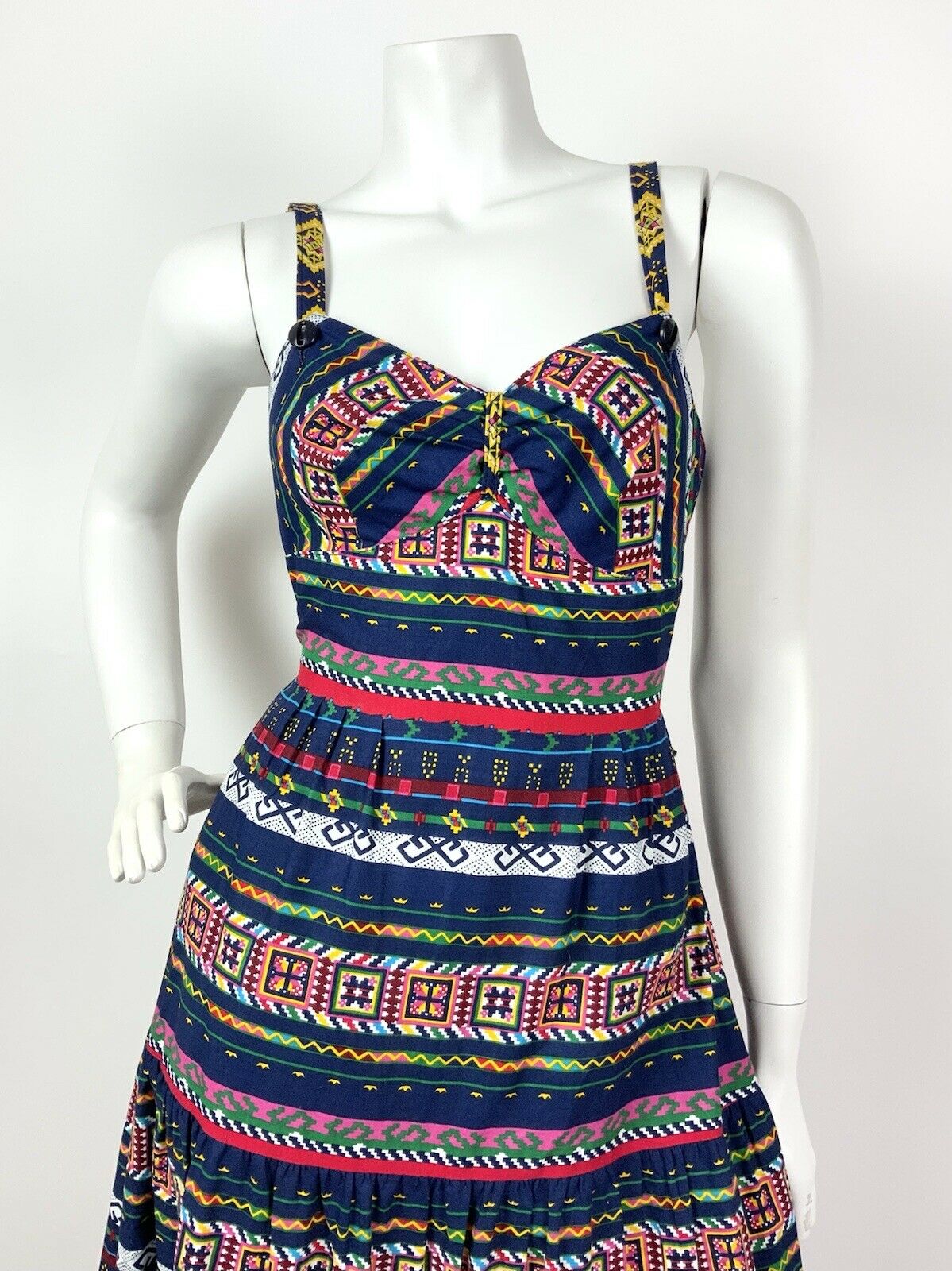 VINTAGE 60s 70s BLUE YELLOW PINK GREEN AZTEC GEOMETRIC STRAPPY MAXI DRESS 6