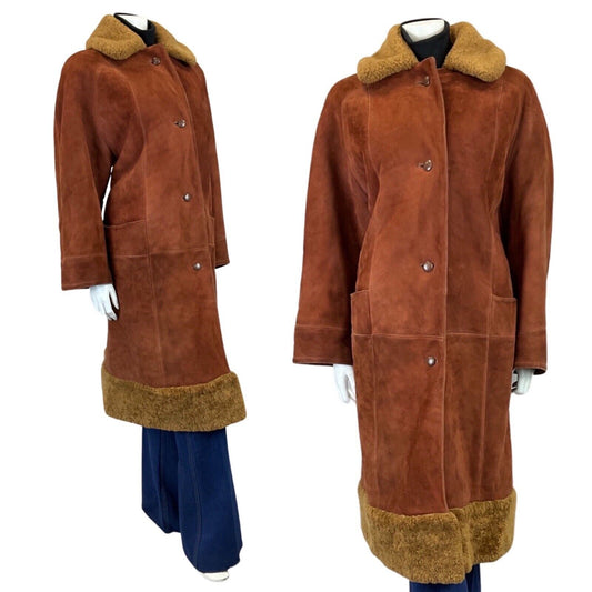 VINTAGE 60s 70s RUSSET BROWN SUEDE LEATHER SHEARLING LONG COAT 16 18