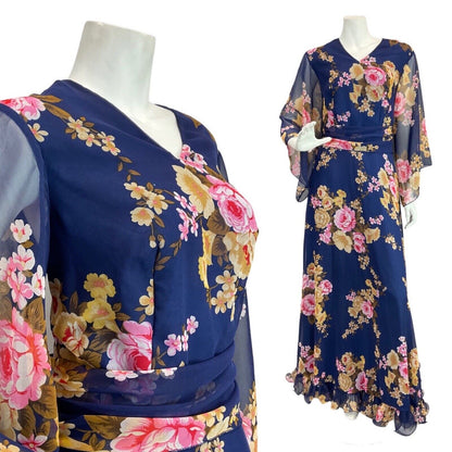 VINTAGE 60s 70s BLUE GOLD PINK FLORAL SHEER ANGEL SLEEVE FOLK BOHO MAXI DRESS 12