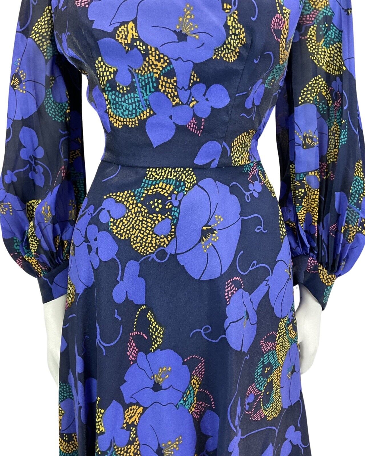 VINTAGE 60s 70s BLUE NAVY GOLD FLORAL PRINT FLOATY BOHO DISCO MOD DRESS 8