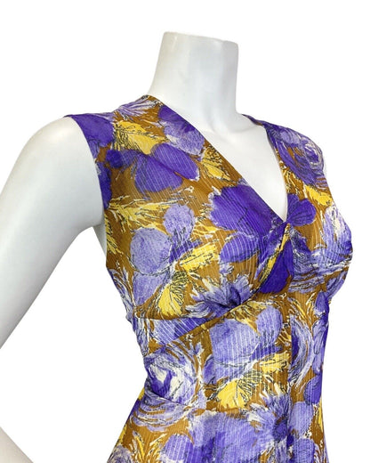 VINTAGE 60s 70s PURPLE YELLOW BROWN PSYCHEDELIC FLORAL SLEEVELESS MAXI DRESS 14