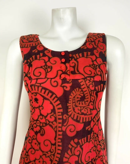 VINTAGE 60s 70s RED BLUE FLORAL PAISLEY EMPIRE LINE SLEEVELESS MOD DRESS 6 8