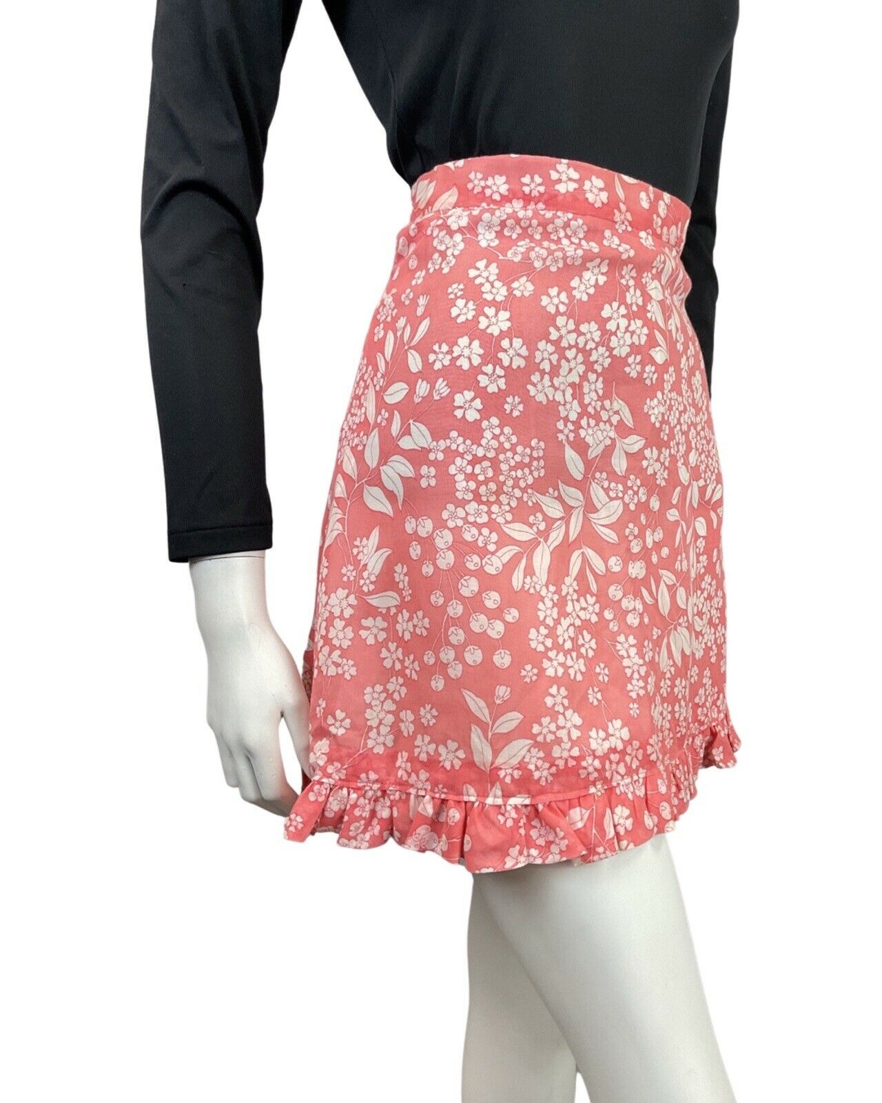 VINTAGE 60s 70s PEACH PINK WHITE FLORAL BERRY RUFFLE SHORT SKIRT 4