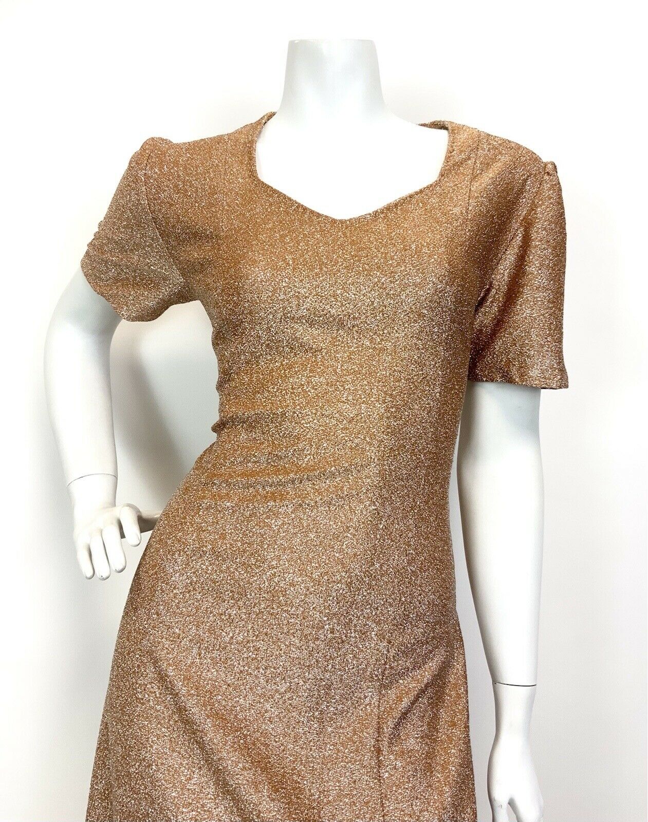 VTG 60s 70s PEACH COPPER METALLIC LUREX GLAM STUDIO 54 PARTY MAXI DRESS 12