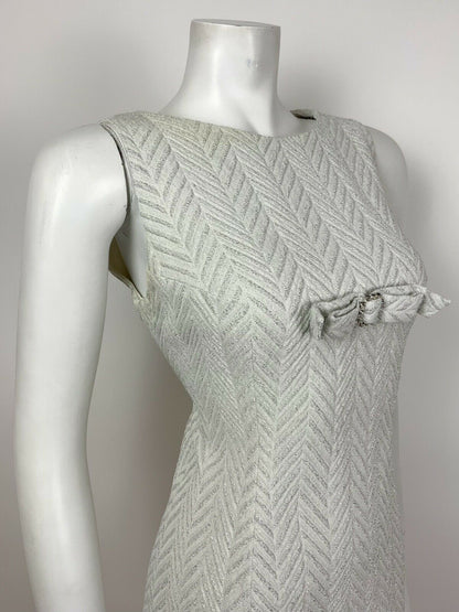 VTG 60s 70s WHITE SILVER LUREX CHEVRON DIAMANTE BOW COCKTAIL PARTY DRESS 10 12