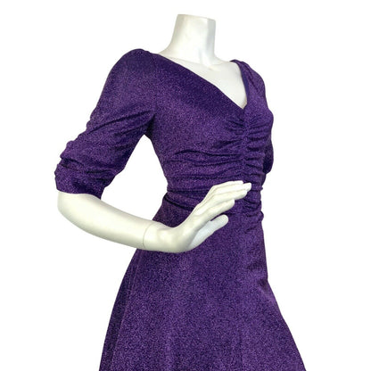 VINTAGE 60s 70s VIOLET PURPLE SPARKLY LUREX PUFF SLEEVE DISCO PARTY DRESS 8