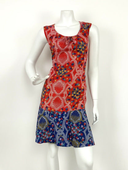 VINTAGE 60s 70s RED BLUE WHITE FLORAL DOTTY HIPPY FOLK GYPSY SHIFT DRESS 12 14