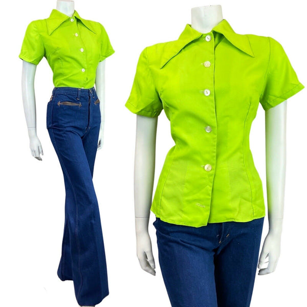 VINTAGE 60s 70s LIME GREEN DAGGER COLLAR SHORT SLEEVE MOD SHIRT 12 14