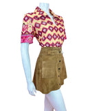 VINTAGE 60s 70s YELLOW PINK BROWN GEOMETRIC AZTEC MOD CROPPED BLOUSE 14 16