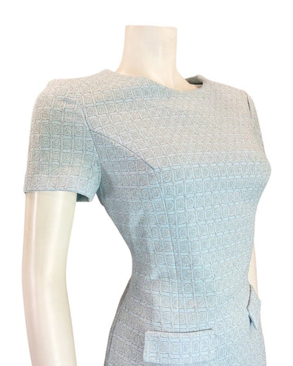 VINTAGE 60s 70s BABY BLUE SILVER GEOMETRIC CHECKED MOD PARTY SHORT DRESS 14