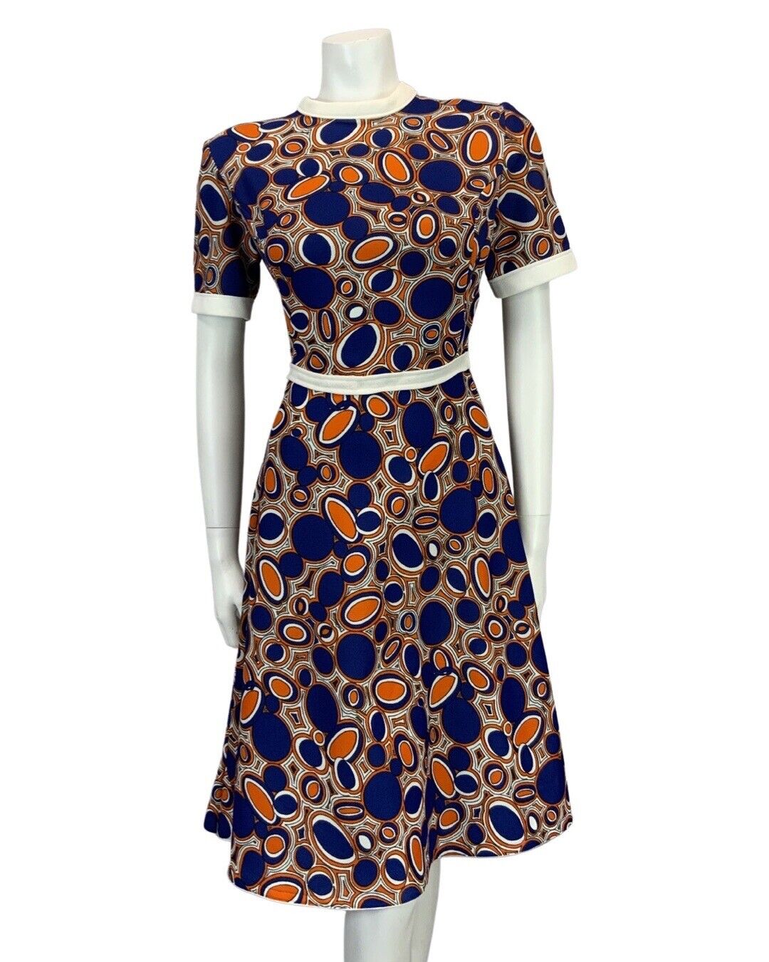 VINTAGE 60s 70s BLUE ORANGE WHITE BOLD PATTERNED MOD DRESS 10