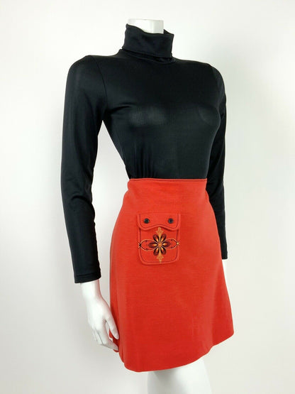 VTG 60s 70s FOLK ORANGE RED YELLOW BLACK EMBROIDERED FLORAL A-LINE SKIRT 8