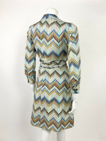 VTG 60s 70s WHITE BROWN BLUE YELLOW CHEVRON GEOMETRIC PLEATED SHIRT DRESS 12 14