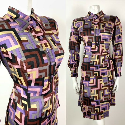 VTG 60s 70s PURPLE BROWN SILVER PINK GEOMETRI DOG-EAR COLLAR SHIRT DRESS 12 14