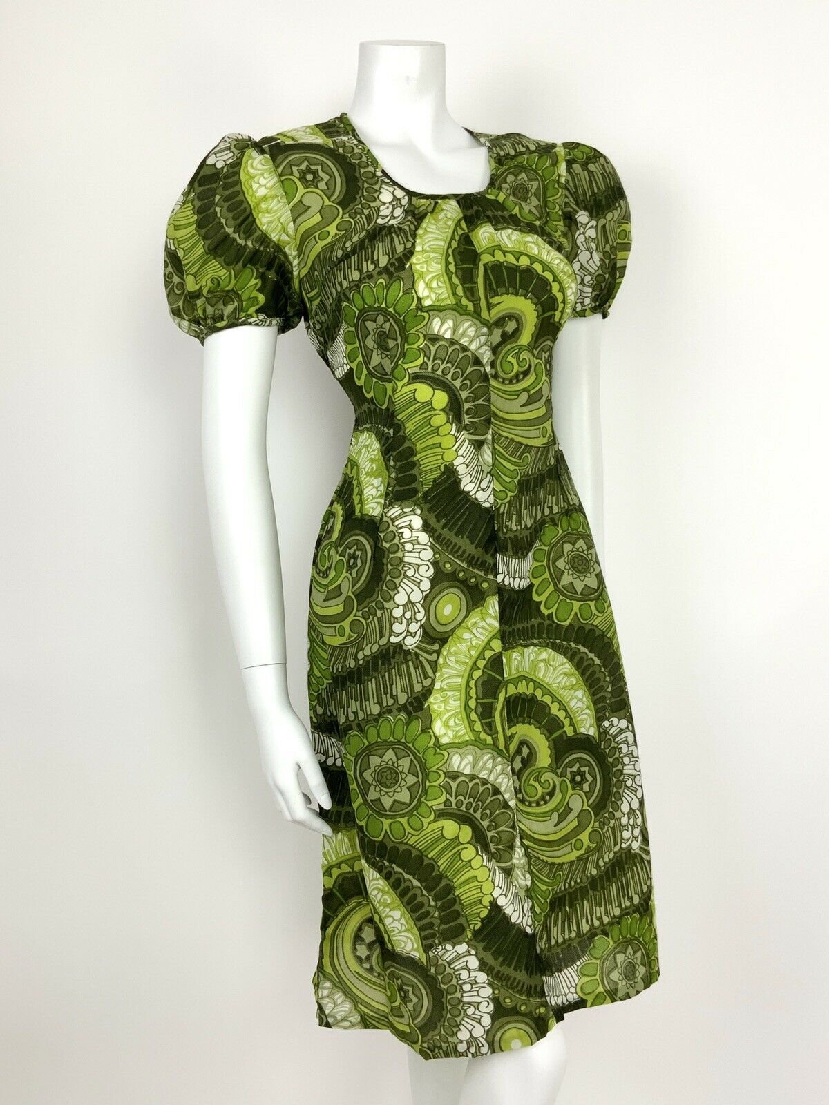 VTG 60s 70s GREEN WHITE FLORAL PSYCHEDELIC SHEER SHEATH DRESS 10 12