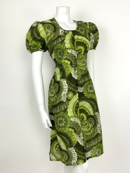 VTG 60s 70s GREEN WHITE FLORAL PSYCHEDELIC SHEER SHEATH DRESS 10 12