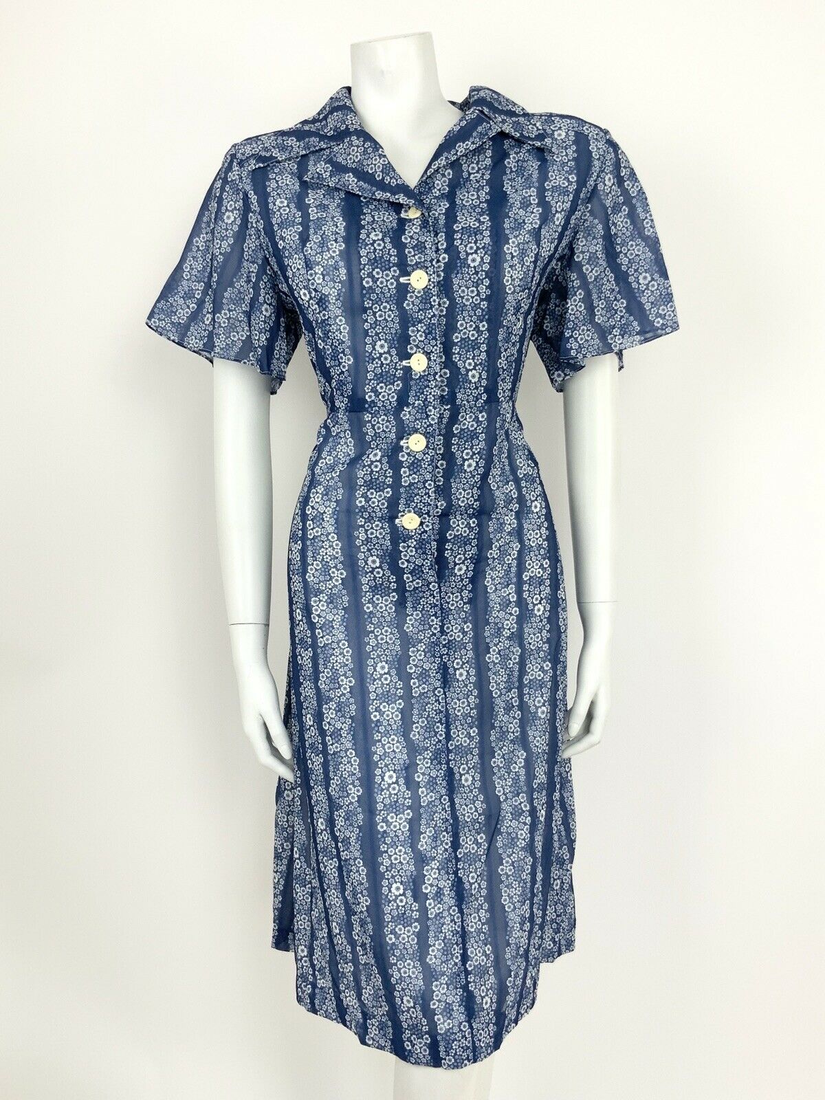 VTG 60s 70s BLUE WHITE STRIPED FLORAL DITSY SHIRT WAIST DAISY MOD DRESS 14