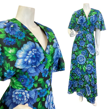 VINTAGE 60s 70s BLUE GREEN BLACK FLORAL CAPE SLEEVE SUMMER MAXI DRESS 10 12