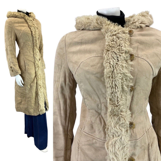 VINTAGE 60s 70s CREAM HOODED BOHO MOD SUEDE LEATHER PRINCESS SHEARLING COAT 10