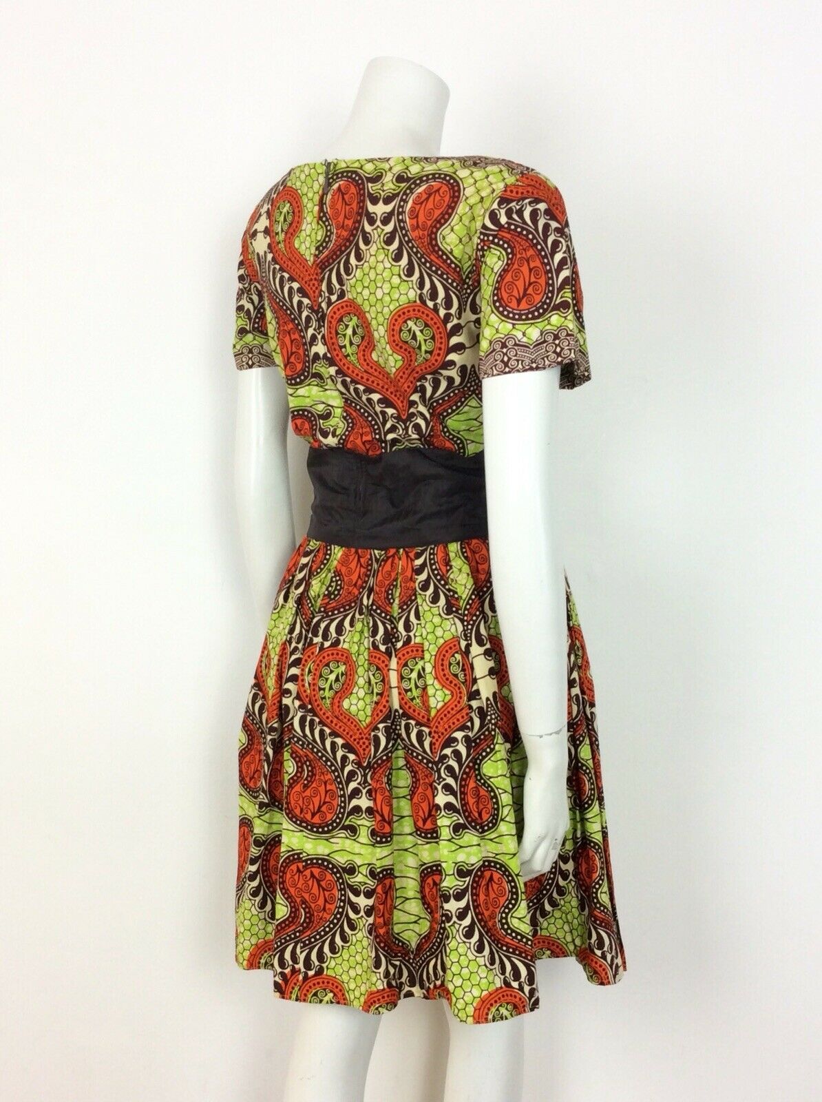 VINTAGE 60s 70s DRESS PSYCHEDELIC ANIMAL PRINT BATIK LIME GREEN ORANGE BLACK 14