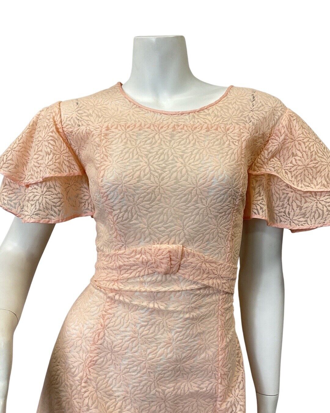 VINTAGE 60s 70s PINK PEACH EMBROIDERED FLORAL SHEER BOHO PRAIRIE MAXI DRESS 14