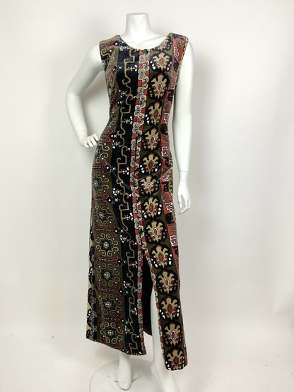 VINTAGE 60s 70s BLACK BROWN RED BEIGE GEOMETRIC AZTEC VELVET MAXI DRESS 10 12