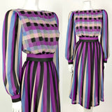 VINTAGE 60s 70s PURPLE BLUE BLACK CREAM STRIPED SHEER FLOATY DRESS 6