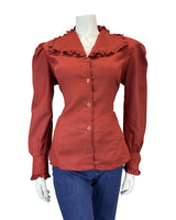 VINTAGE 60s 70s CHERRY RED RUFFLED FITTED BLOUSE SHIRT 14 16