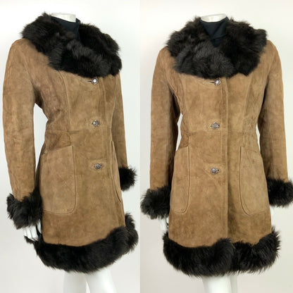 VINTAGE 60s 70s BROWN CAMEL SUEDE LEATHER FUR TRIM PENNY LANE COAT 10 12 14