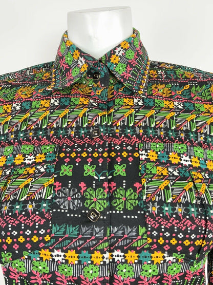 VTG 60s 70s BLACK YELLOW GREEN PINK WHITE PSYCHEDELIC FLORAL STRIPED SHIRT 8 10