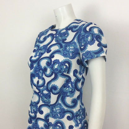 60S VINTAGE BLUE TURQUOISE WHITE PAISLEY PATTERN DRESS 12